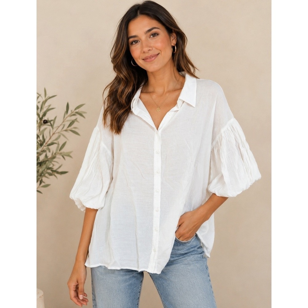 VICI White Textured Puff Sleeve Button Down Blouse NVT0620 Womens Medium